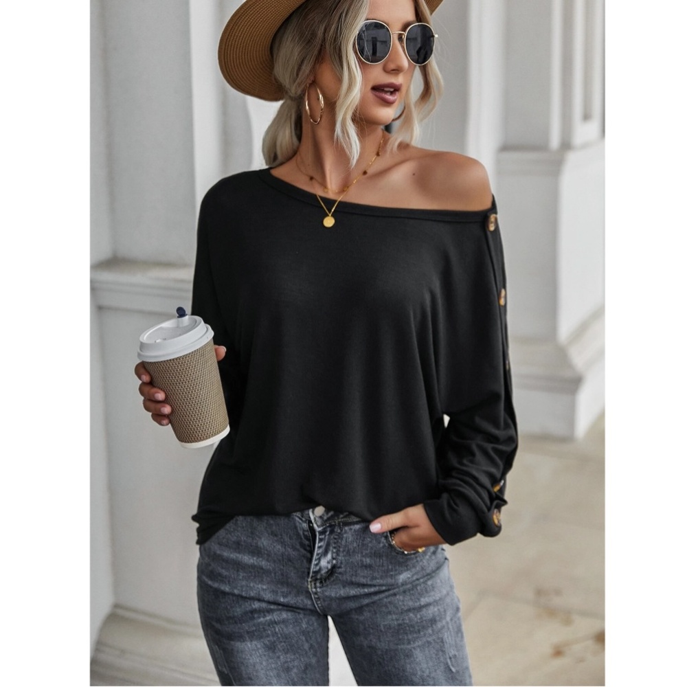 Black Long Sleeve Boat Neck Tee Shirt Button Detail - Picture 4 of 7